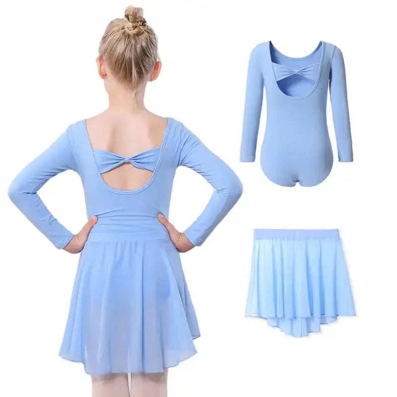 DIPUG Girls Ballet Leotards with Removable Skirt Toddler Hollow Back Dance Dress Combo Long Sleeve