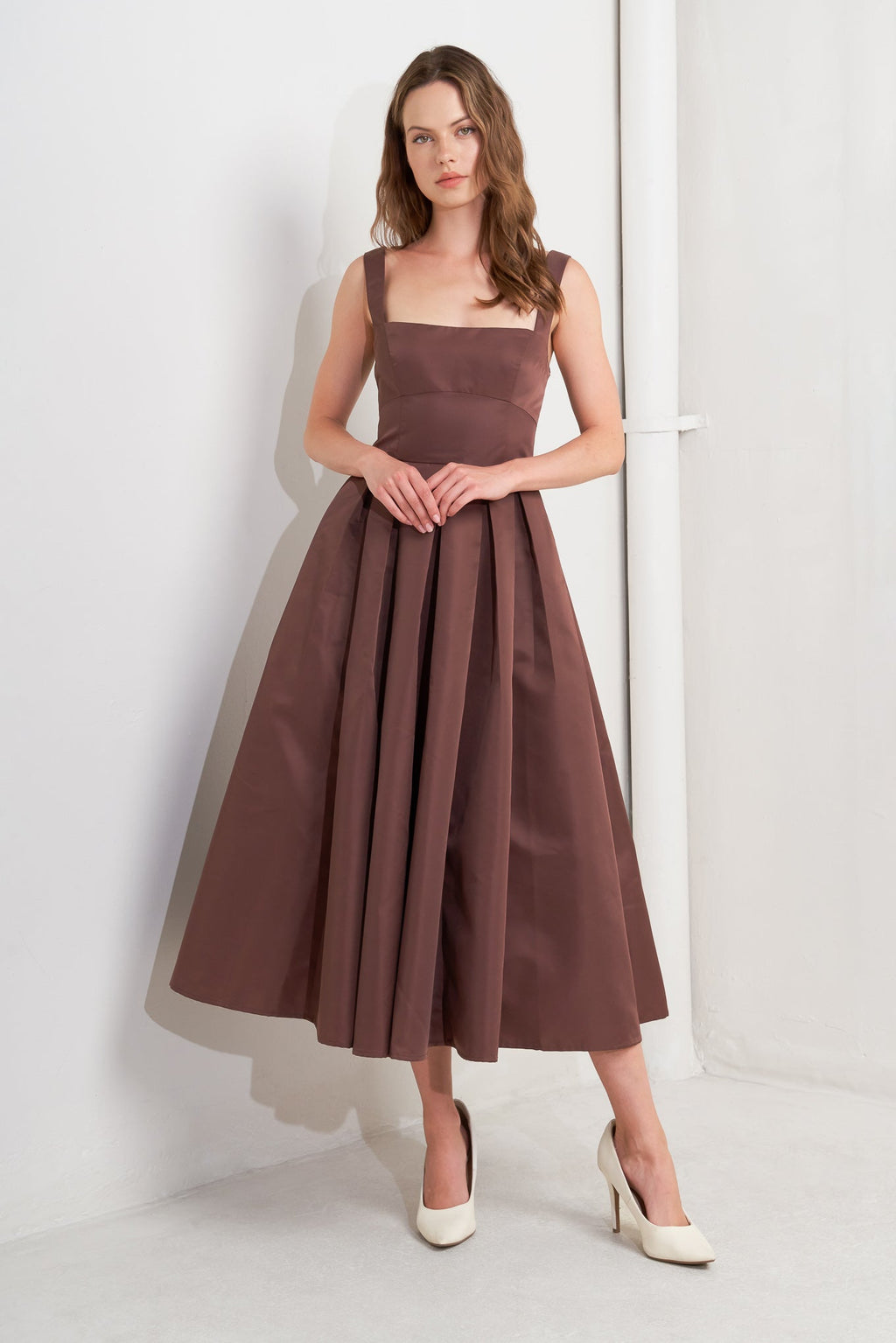 CHOCOLATE SYMPHONY WOVEN MIDI DRESS
