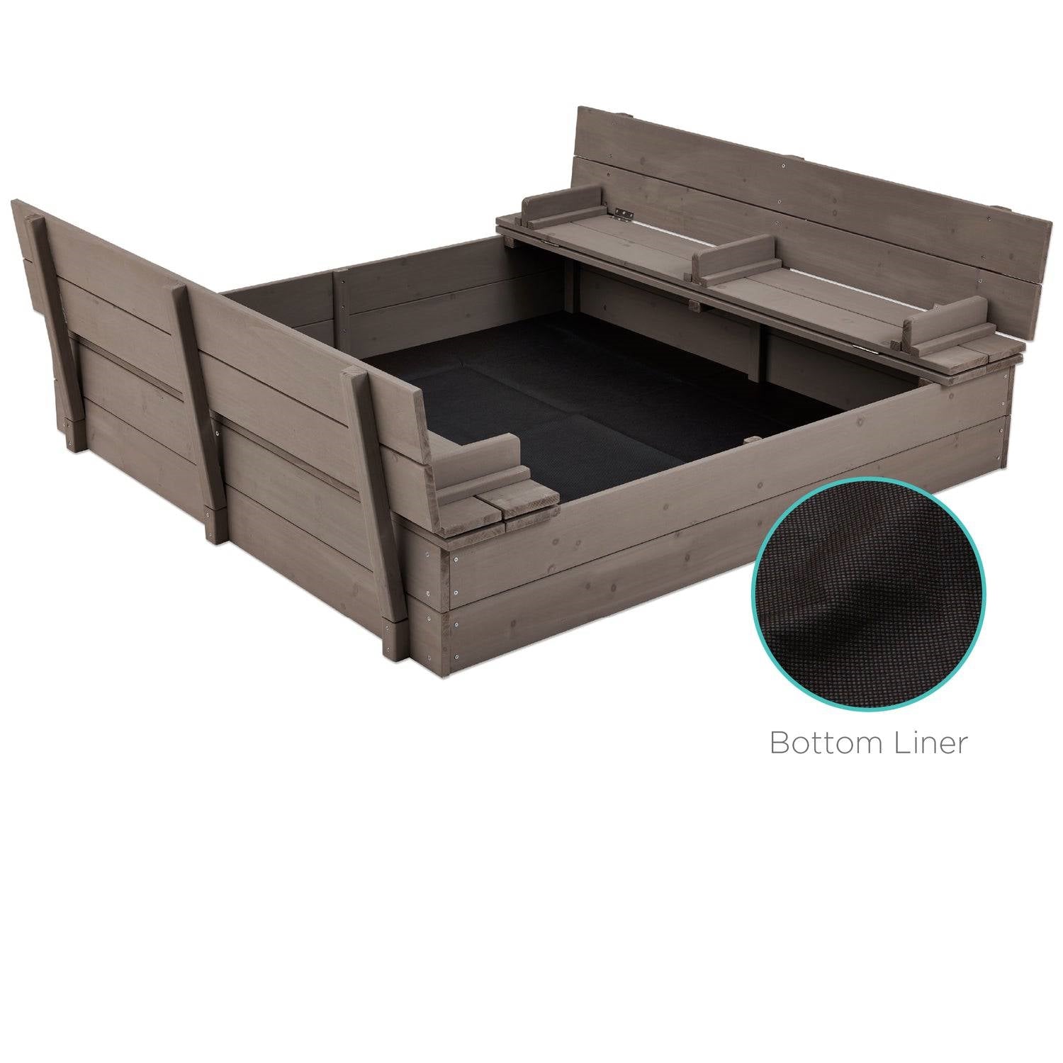 Sturdy Cedar Wood Kids Outdoor Sandbox with Benches in Grey Finish
