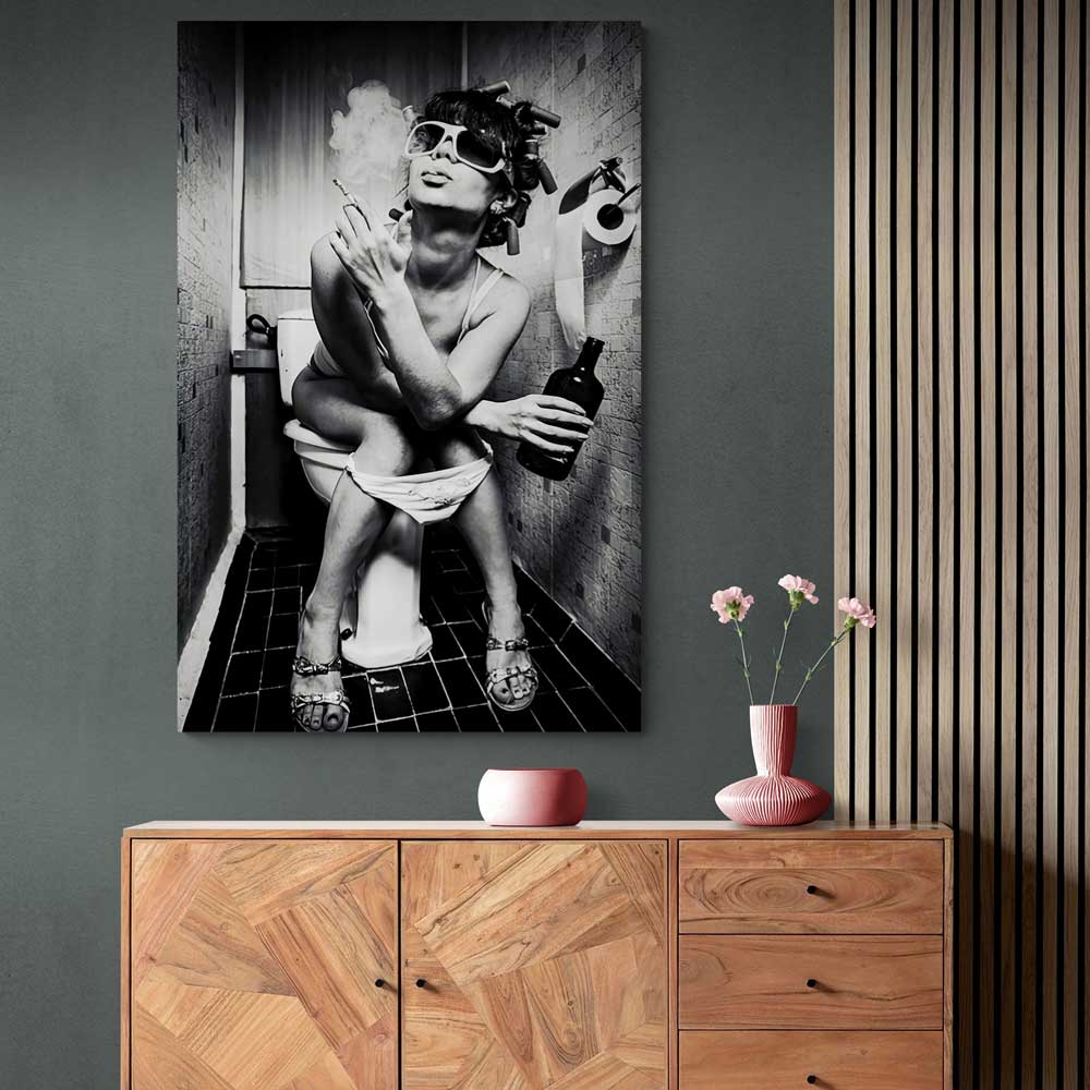 Wall Art Canvas: Girl Sitting On Toilet Smoking and Drinking | 3CARATS
