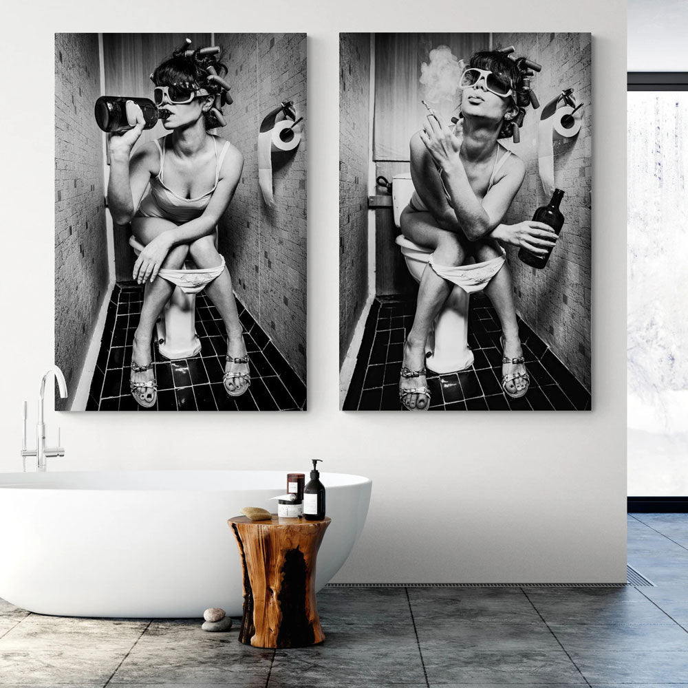 Wall Art Canvas: Girl Sitting On Toilet Smoking and Drinking | 3CARATS