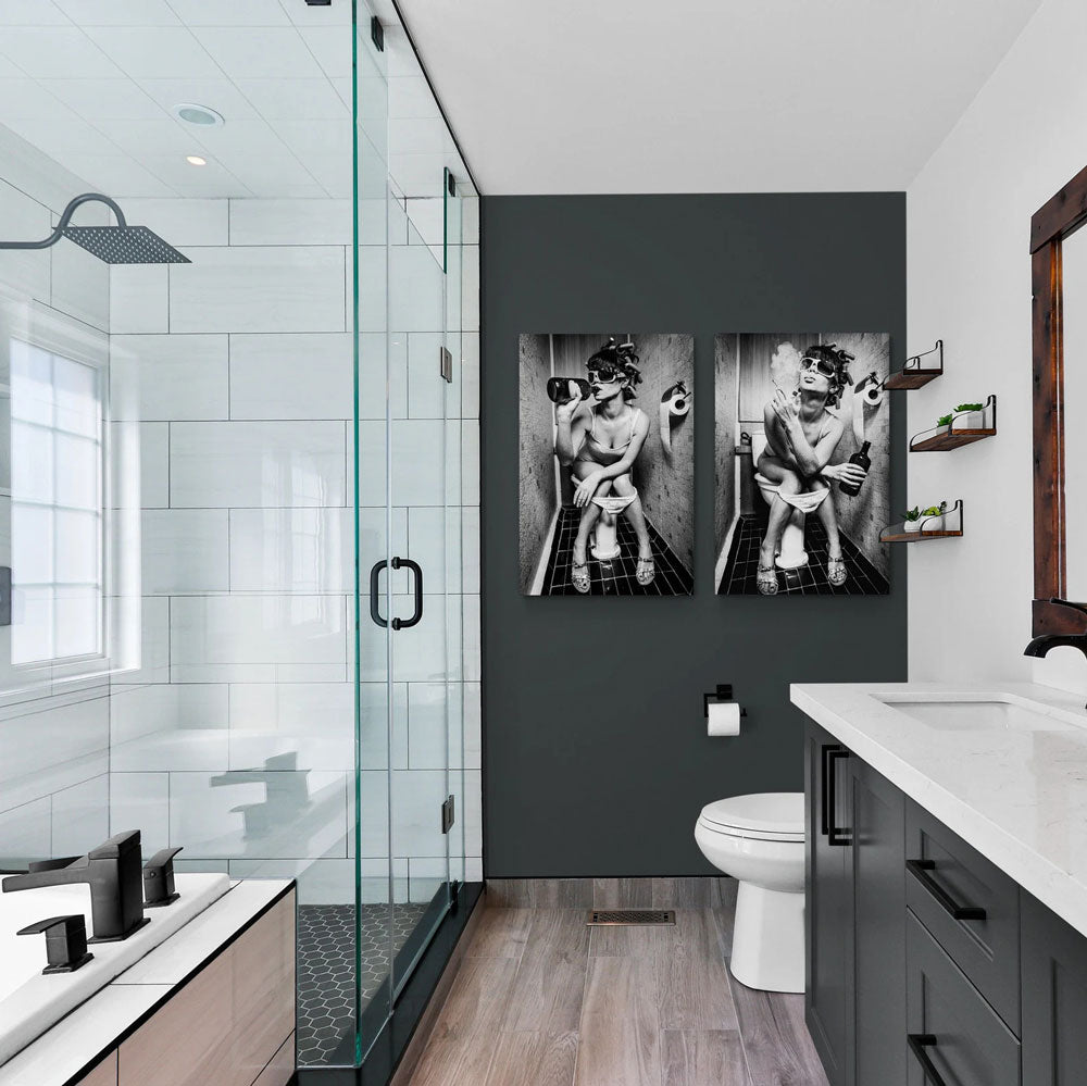 Wall Art Canvas: Girl Sitting On Toilet Smoking and Drinking | 3CARATS