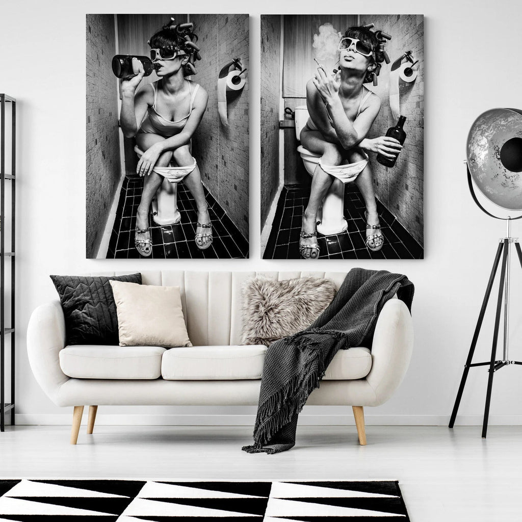 Wall Art Canvas: Girl Sitting On Toilet Smoking and Drinking | 3CARATS