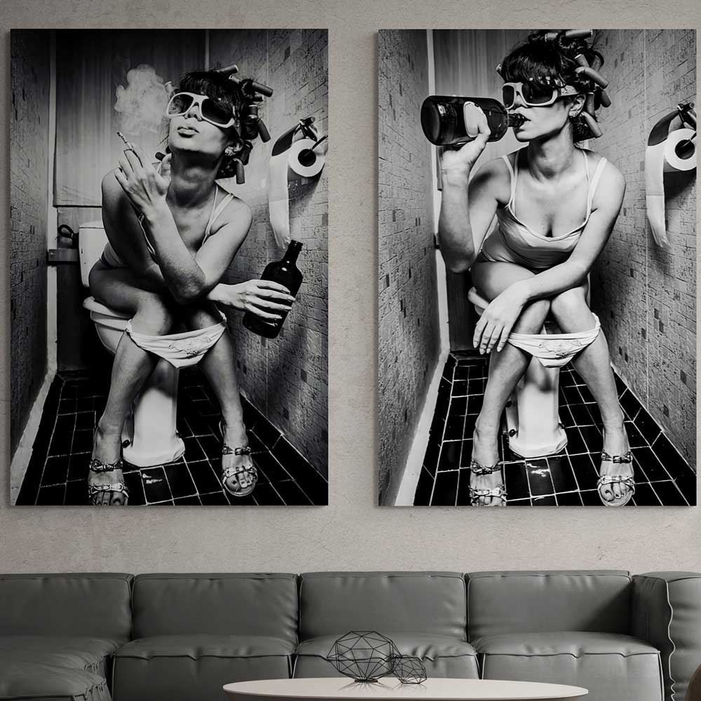 Wall Art Canvas: Girl Sitting On Toilet Smoking and Drinking | 3CARATS