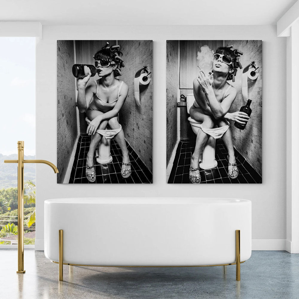Wall Art Canvas: Girl Sitting On Toilet Smoking and Drinking | 3CARATS
