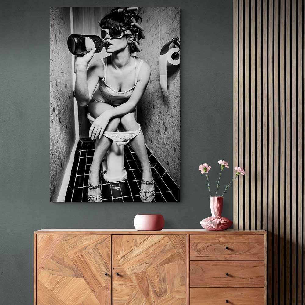 Wall Art Canvas: Girl Sitting On Toilet Smoking and Drinking | 3CARATS