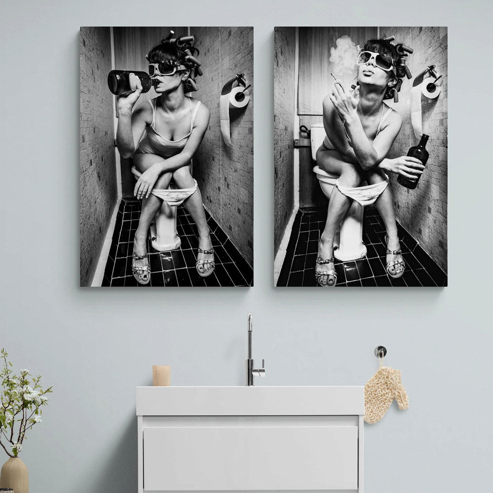 Wall Art Canvas: Girl Sitting On Toilet Smoking and Drinking | 3CARATS