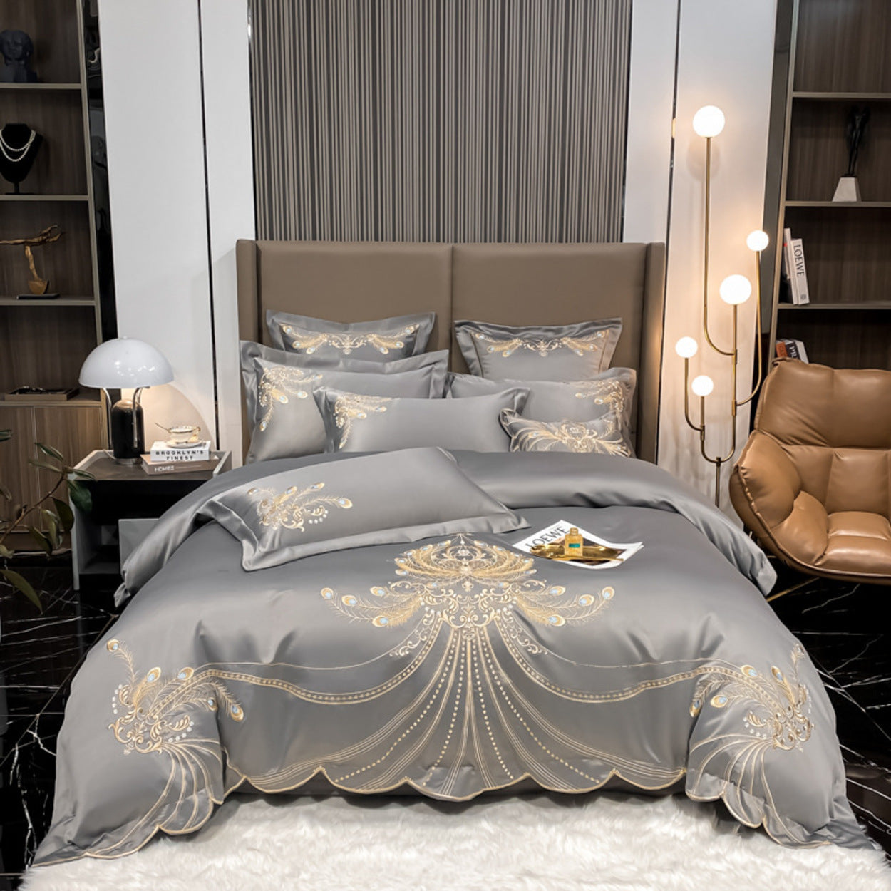 Gold Peacock Feather Embroidery Egyptian Cotton Bedding Set | 3CARATS