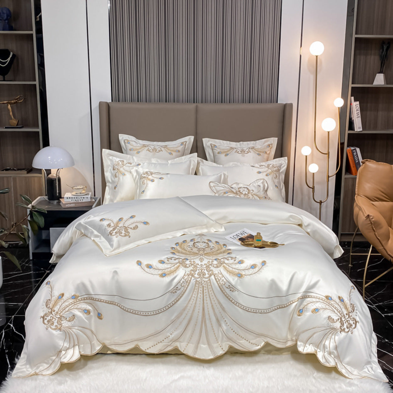 Gold Peacock Feather Embroidery Egyptian Cotton Bedding Set | 3CARATS