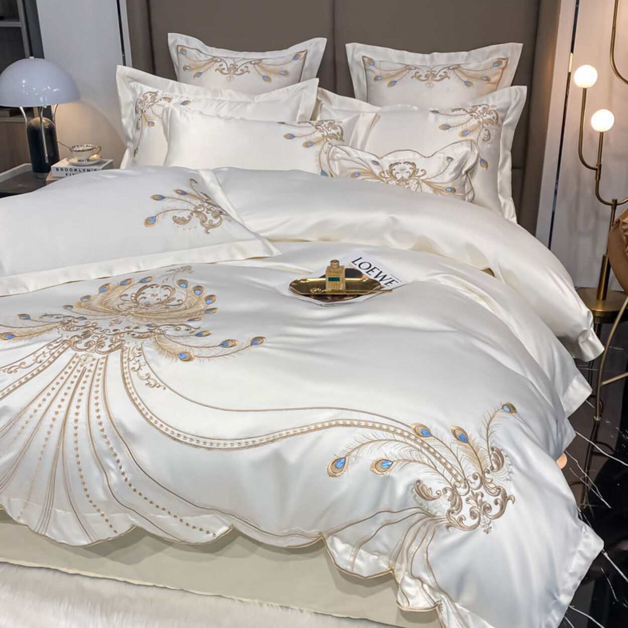 Gold Peacock Feather Embroidery Egyptian Cotton Bedding Set | 3CARATS