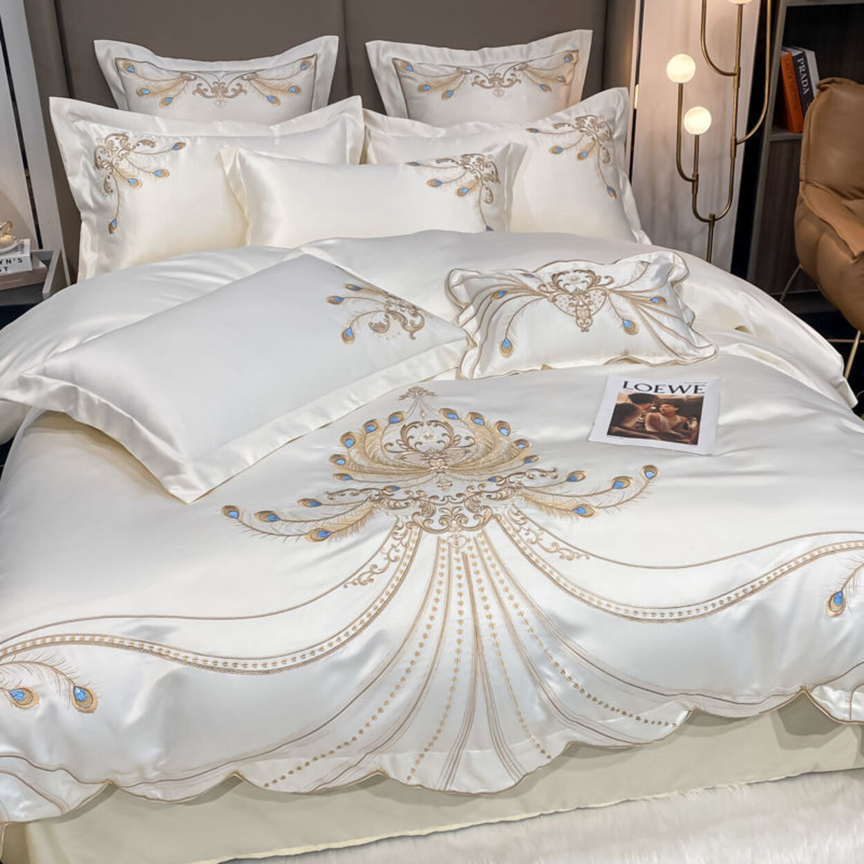 Gold Peacock Feather Embroidery Egyptian Cotton Bedding Set | 3CARATS