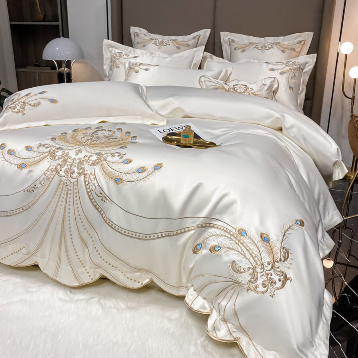 Gold Peacock Feather Embroidery Egyptian Cotton Bedding Set | 3CARATS