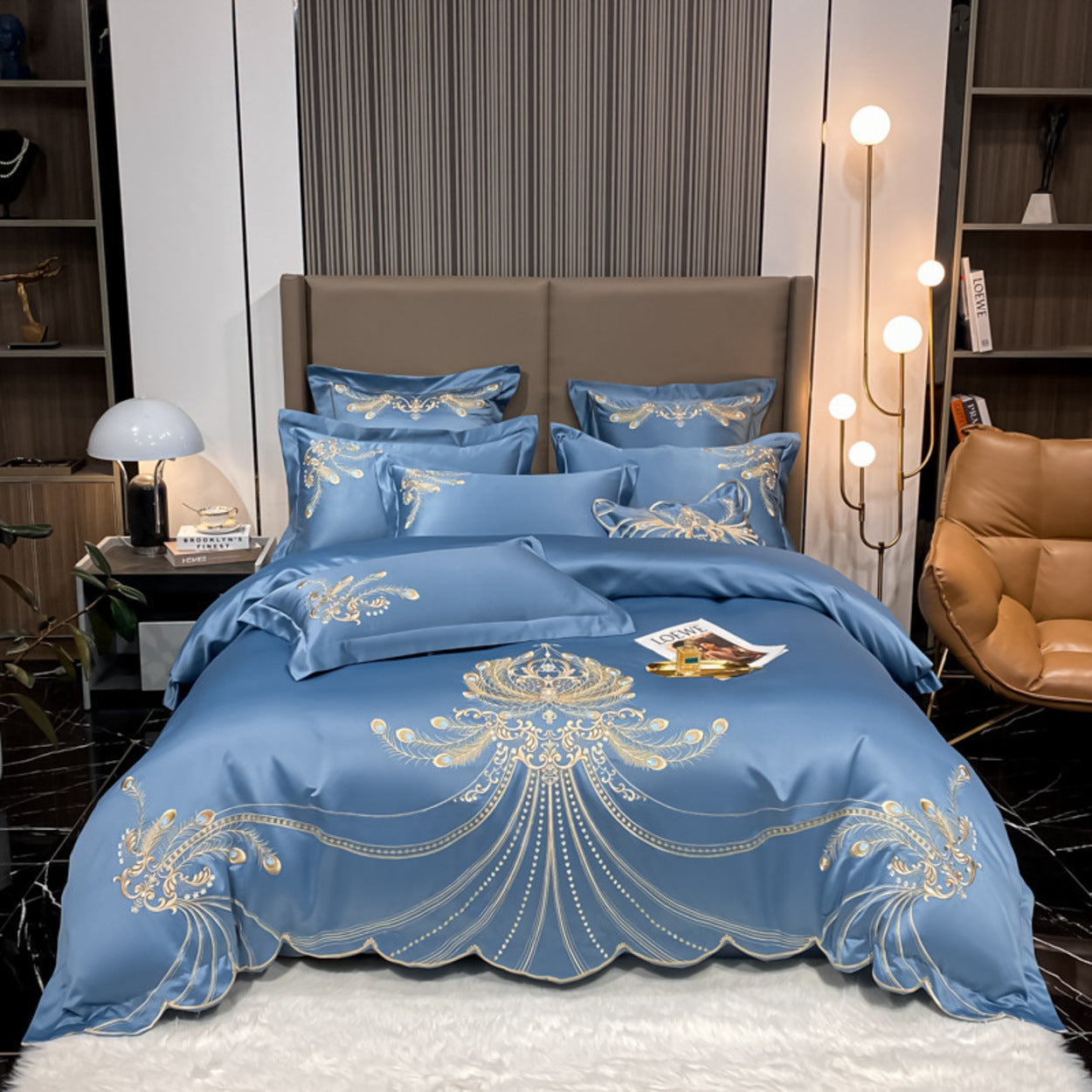 Gold Peacock Feather Embroidery Egyptian Cotton Bedding Set | 3CARATS