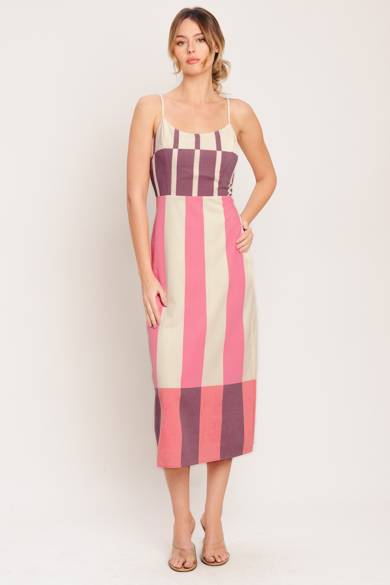 RETRO LINEAR WOVEN MIDI DRESS