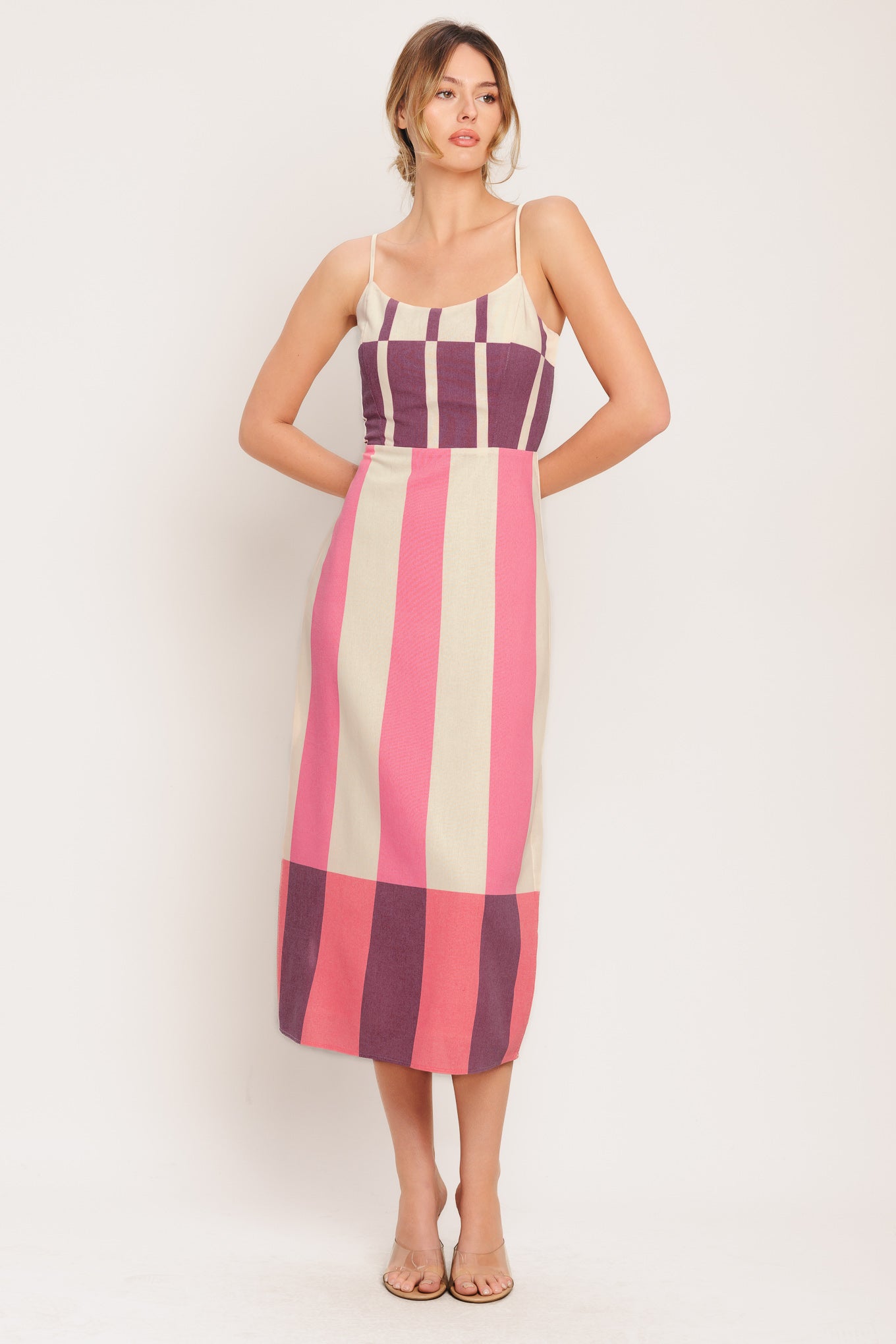 RETRO LINEAR WOVEN MIDI DRESS