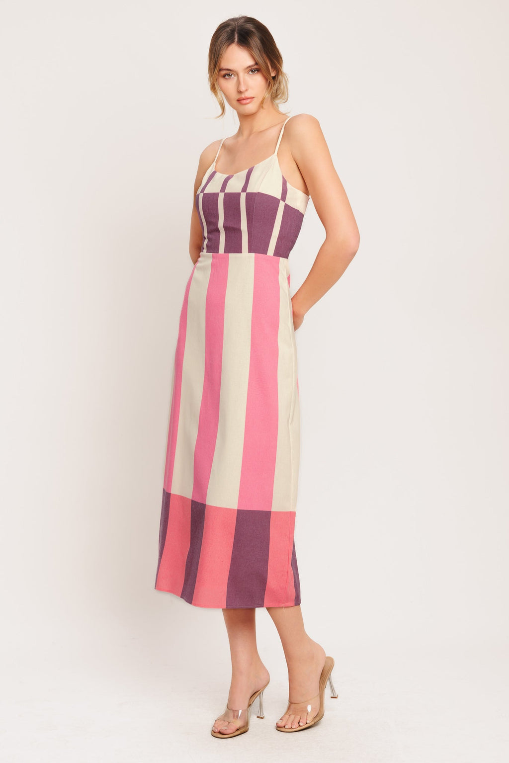 RETRO LINEAR WOVEN MIDI DRESS