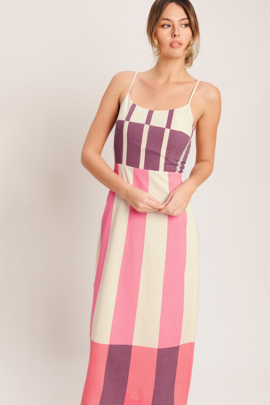 RETRO LINEAR WOVEN MIDI DRESS