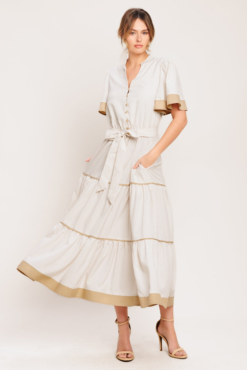 PARIS MORNING TAUPE WOVEN MIDI DRESS