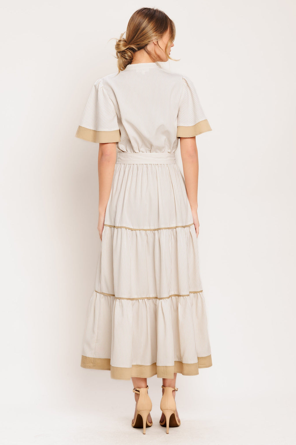 PARIS MORNING TAUPE WOVEN MIDI DRESS