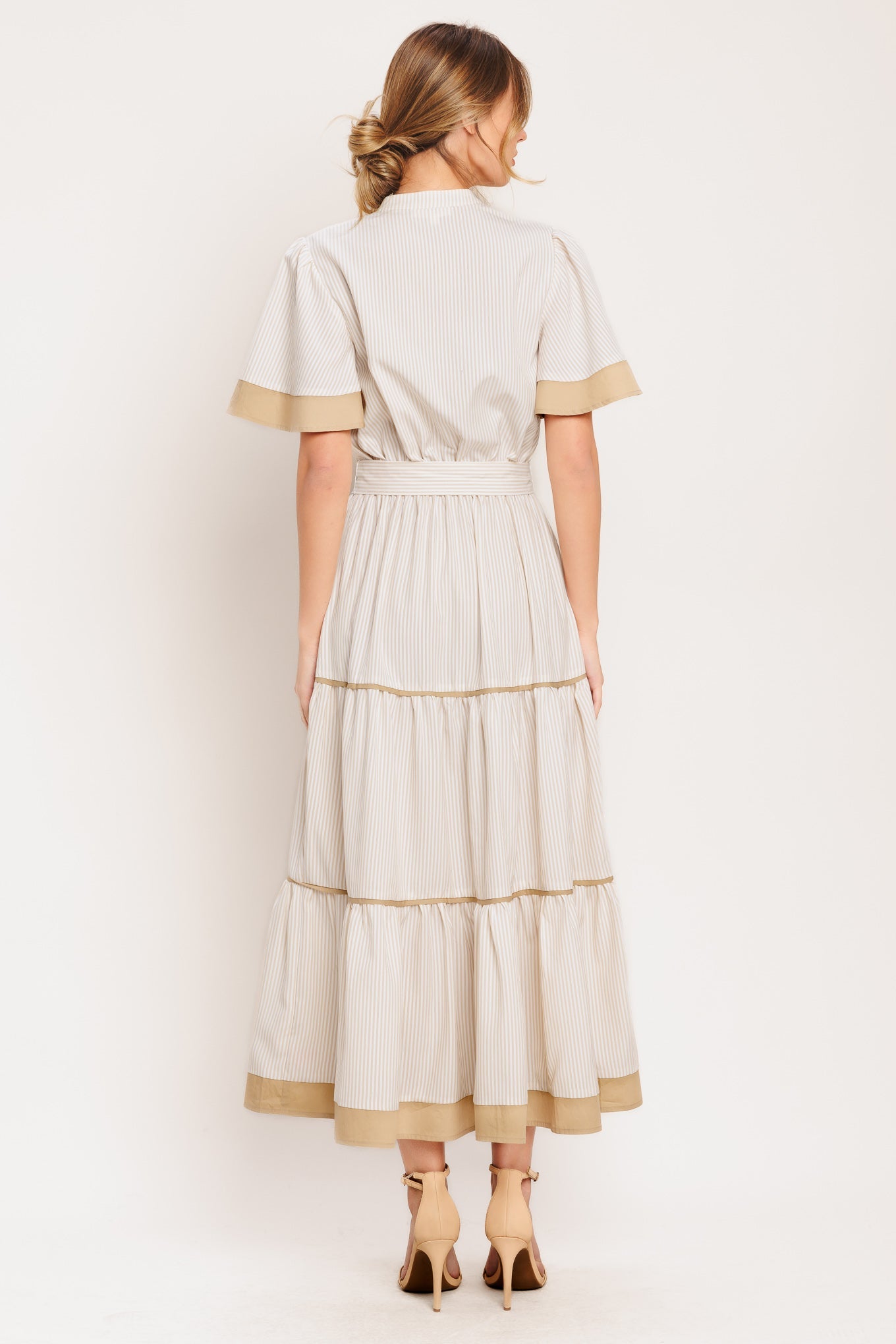 PARIS MORNING TAUPE WOVEN MIDI DRESS