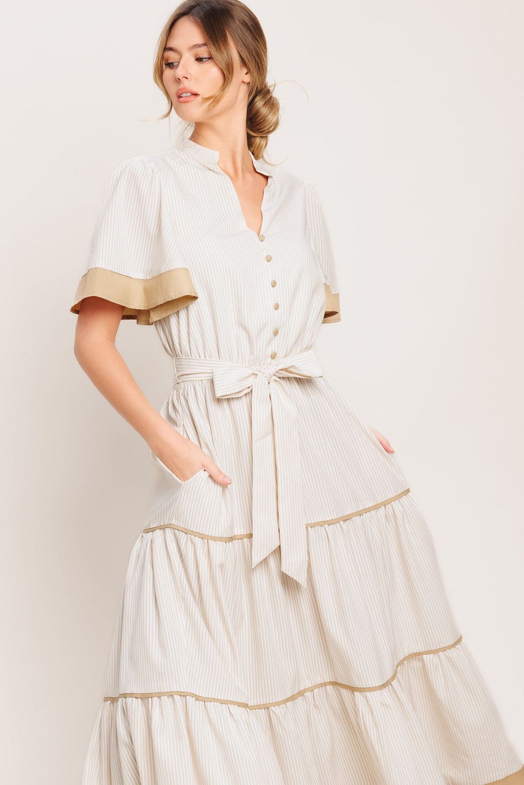 PARIS MORNING TAUPE WOVEN MIDI DRESS