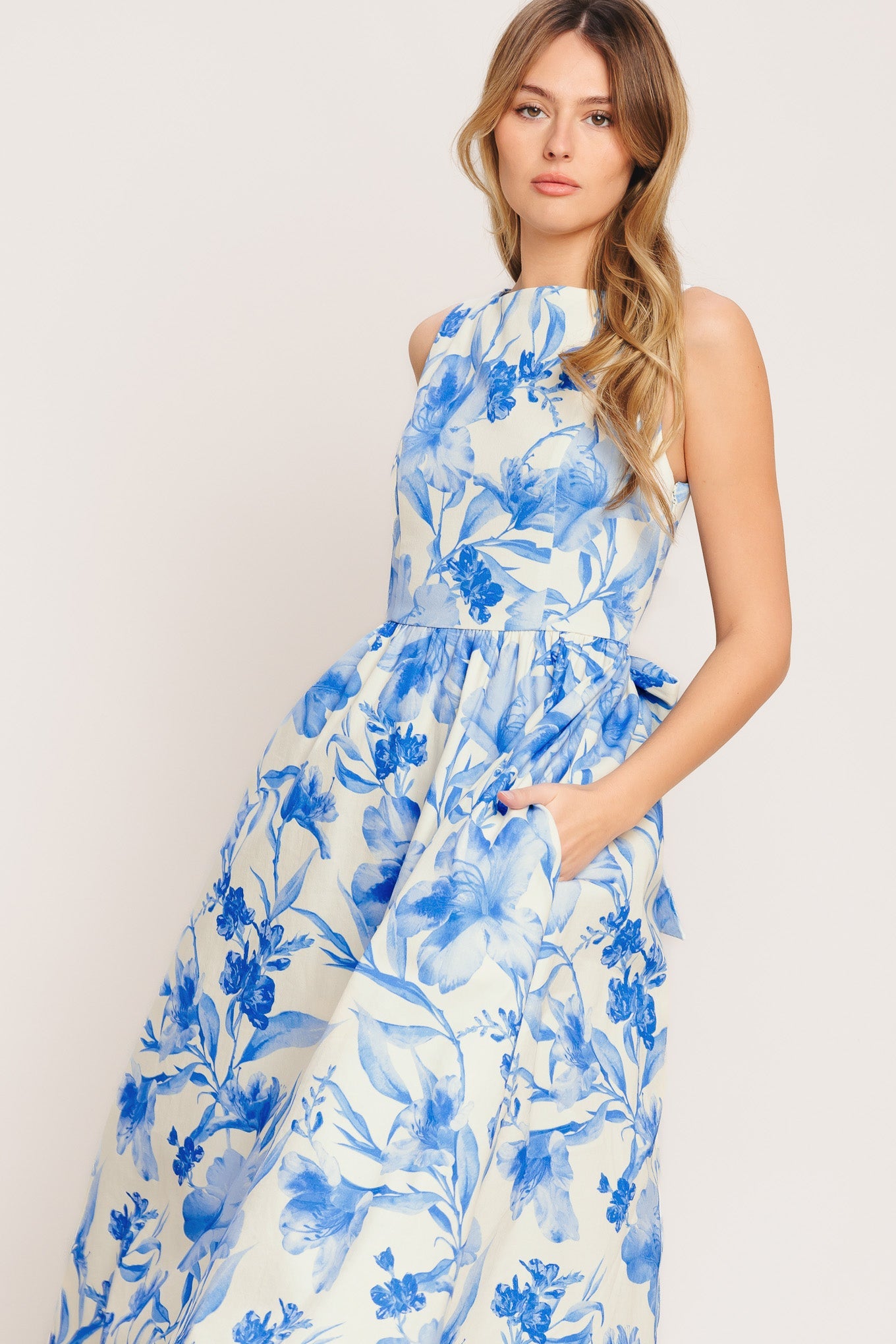 PORCELAIN FLORAL WOVEN MIDI DRESS