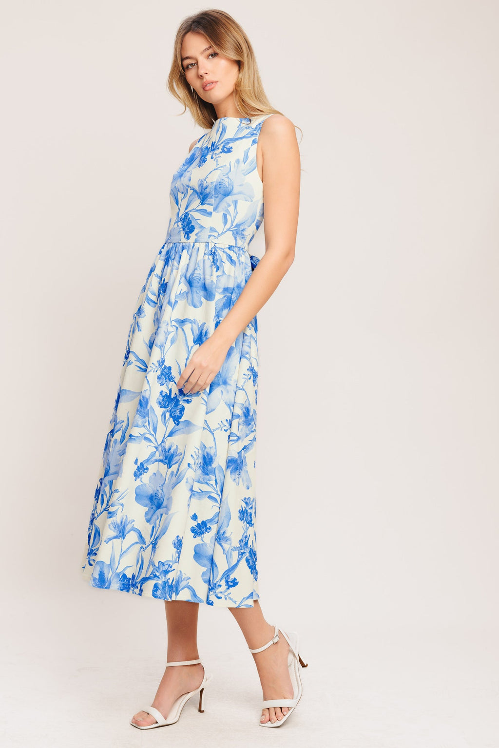 PORCELAIN FLORAL WOVEN MIDI DRESS