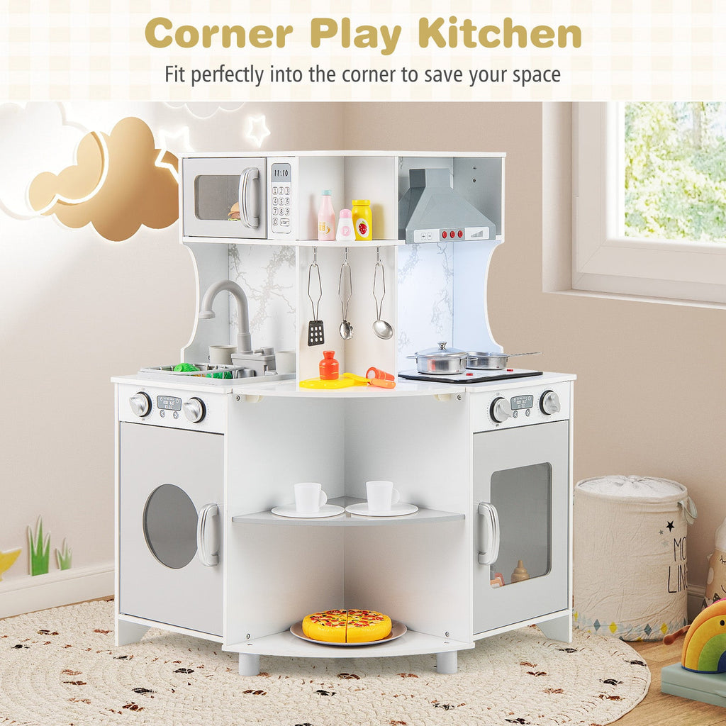 Kids Corner Wooden Play Kitchen with Range Hood and Stoves-Gray