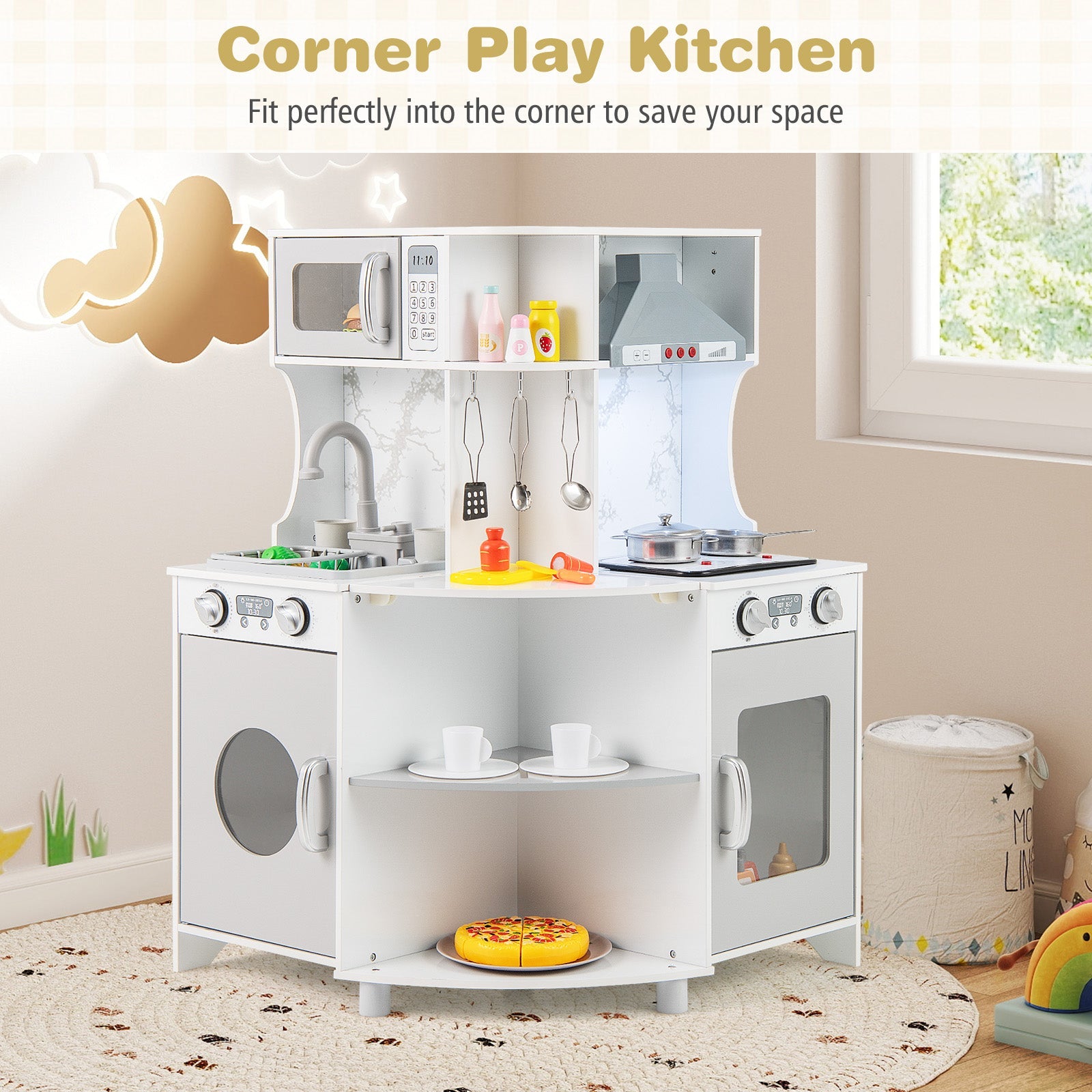 Kids Corner Wooden Play Kitchen with Range Hood and Stoves-Gray