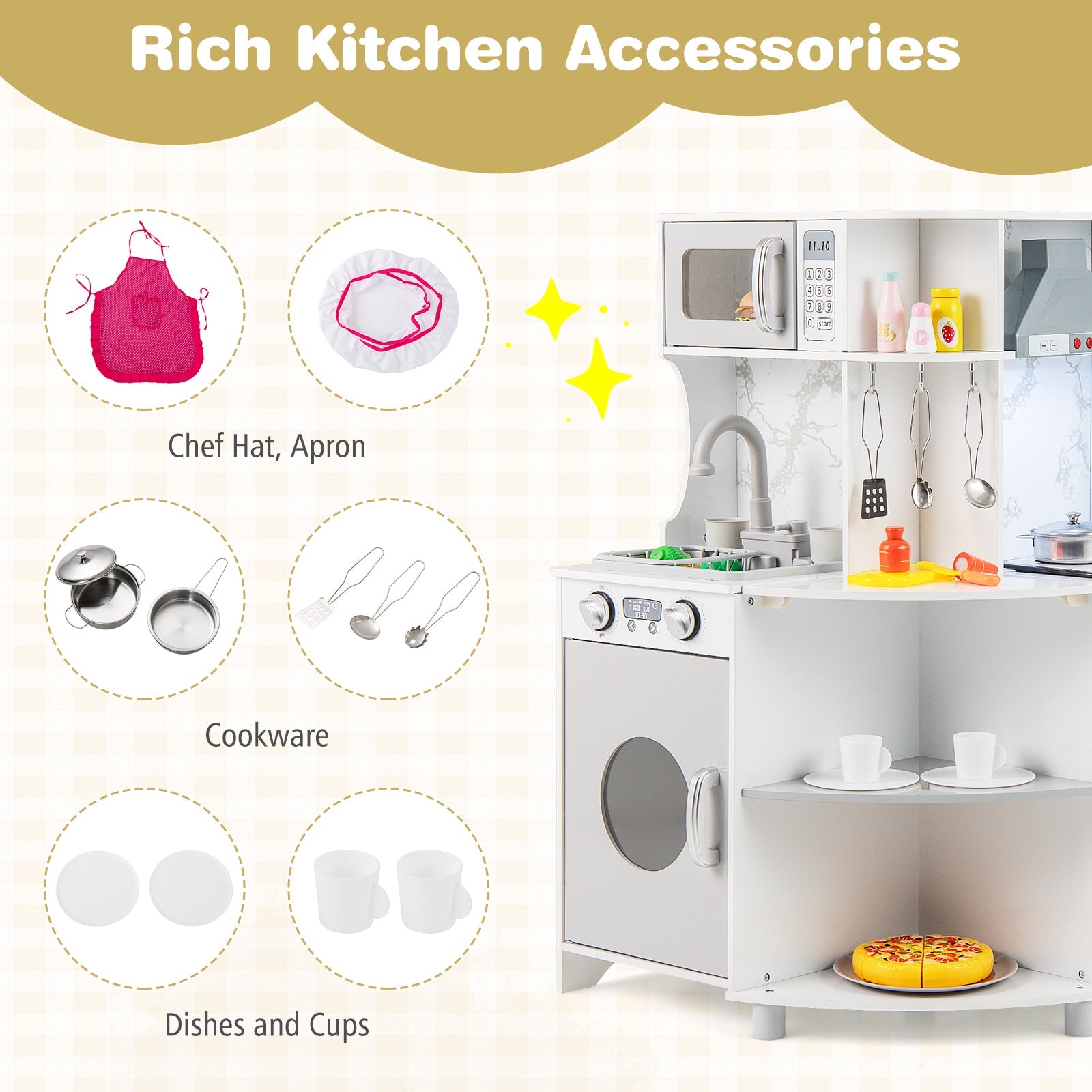 Kids Corner Wooden Play Kitchen with Range Hood and Stoves-Gray