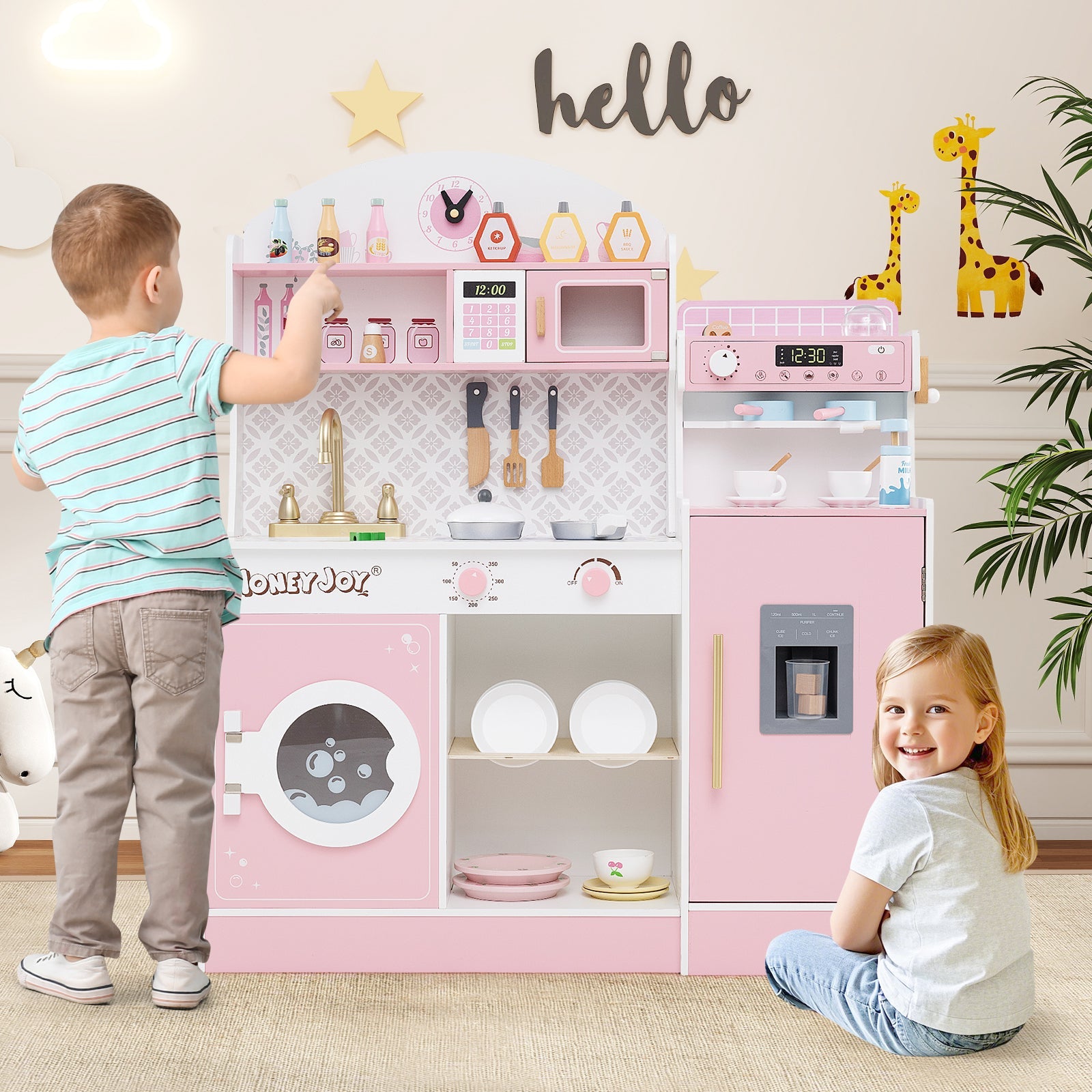 Kids Kitchen Set Wooden with Coffee Makers and Accessories-Pink