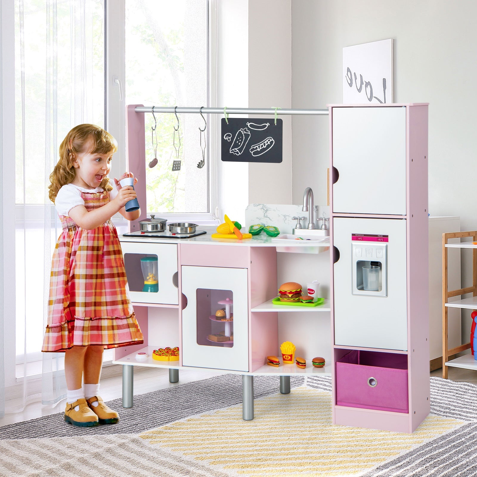 2-in-1 Double-sided Kids Kitchen and Market with Realistic Light and Sound-Pink