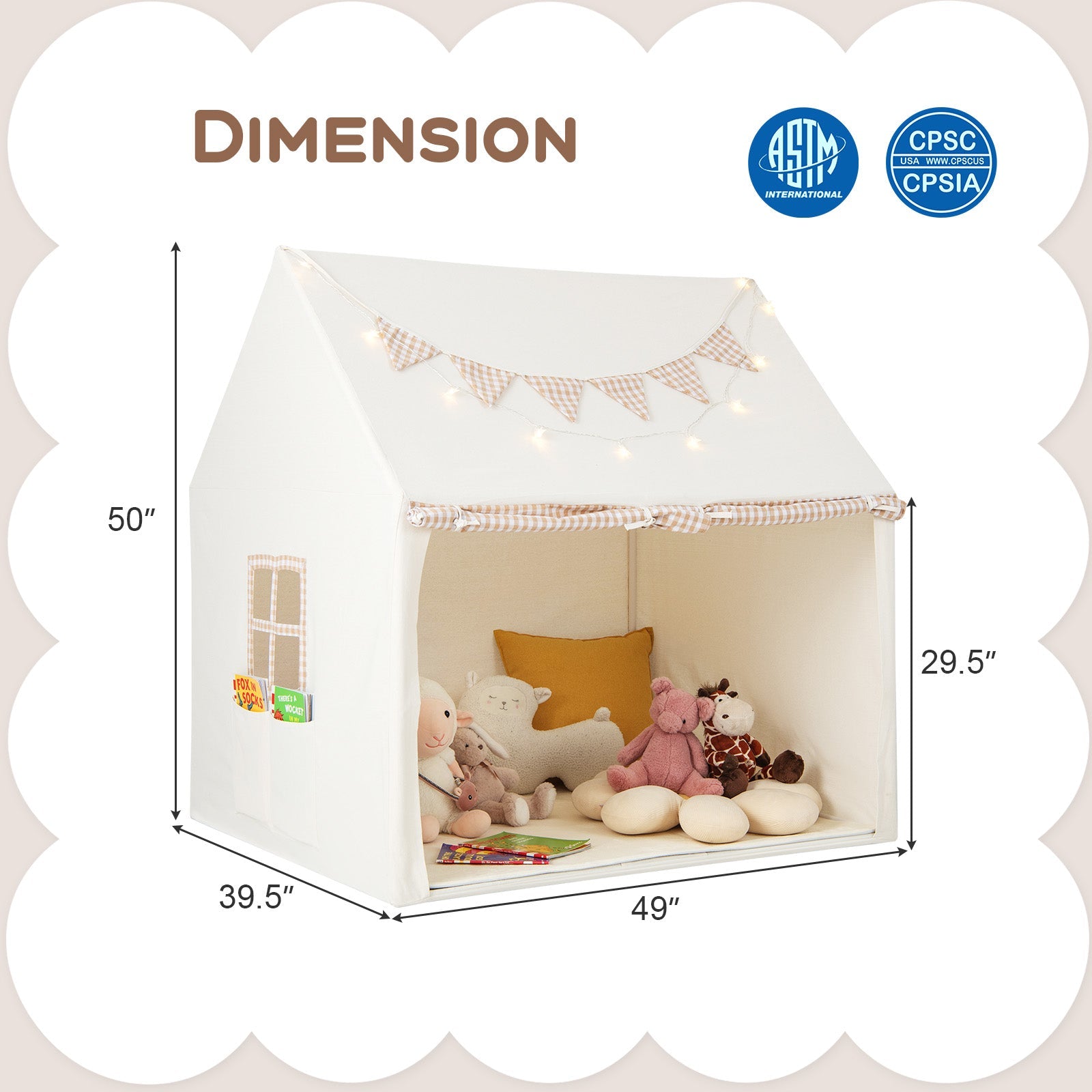 Kids Play Tent Large Playhouse with Padded Mat and 2 Breathable Windows-Beige