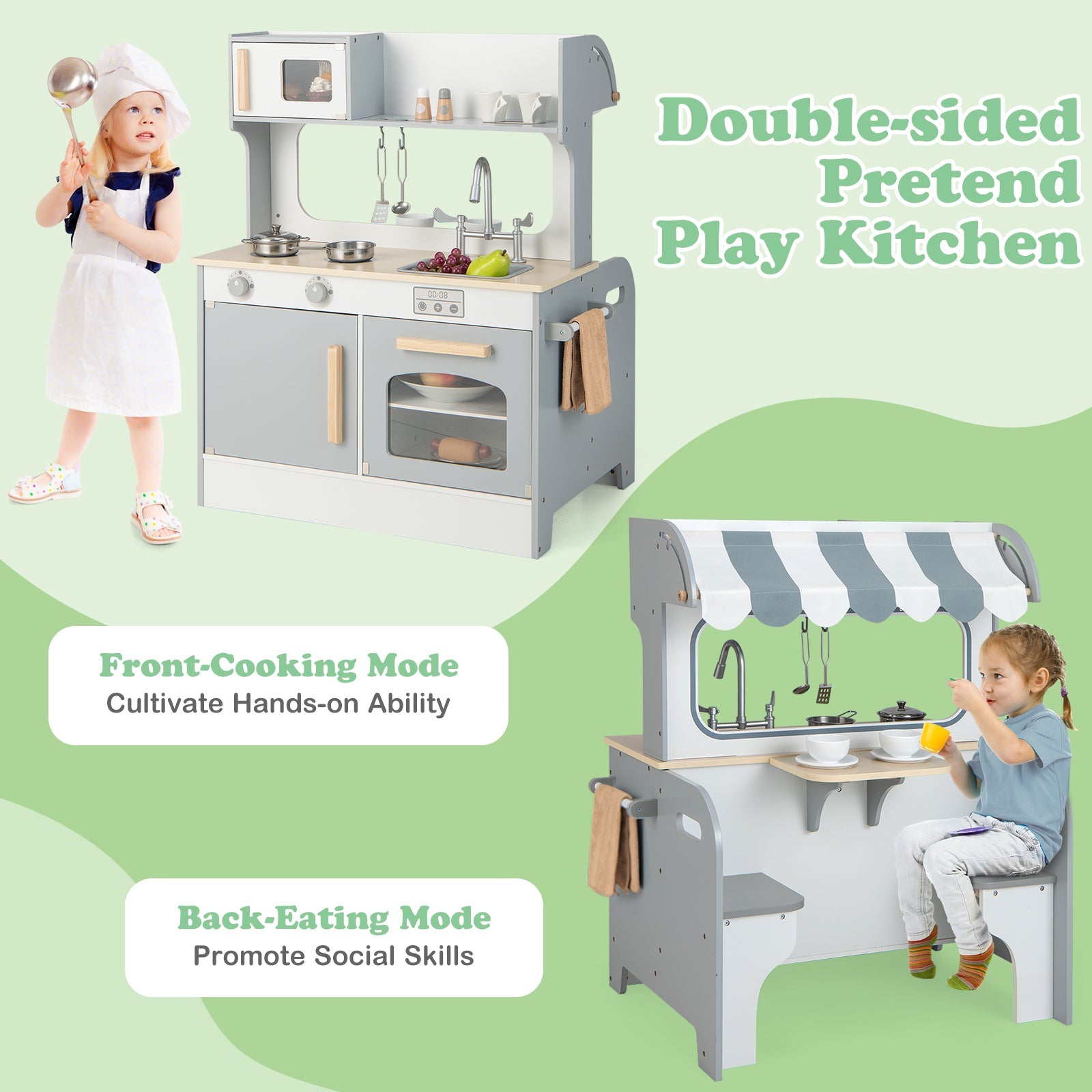 Double Sided Kids Pretend Kitchen Playset with 2-Seat Cafe-Gray