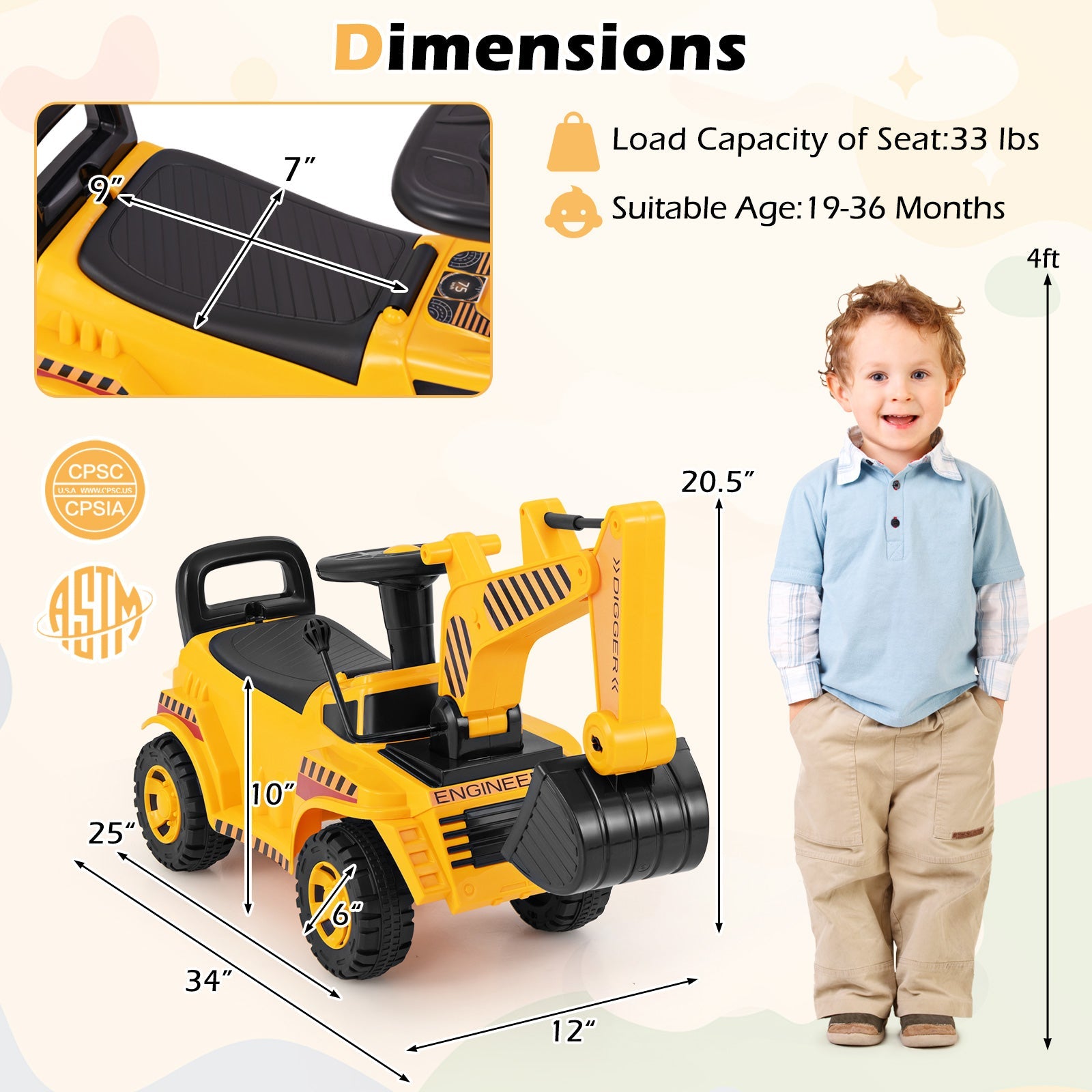 Kids Ride on Excavator with Adjustable Shovel-Yellow