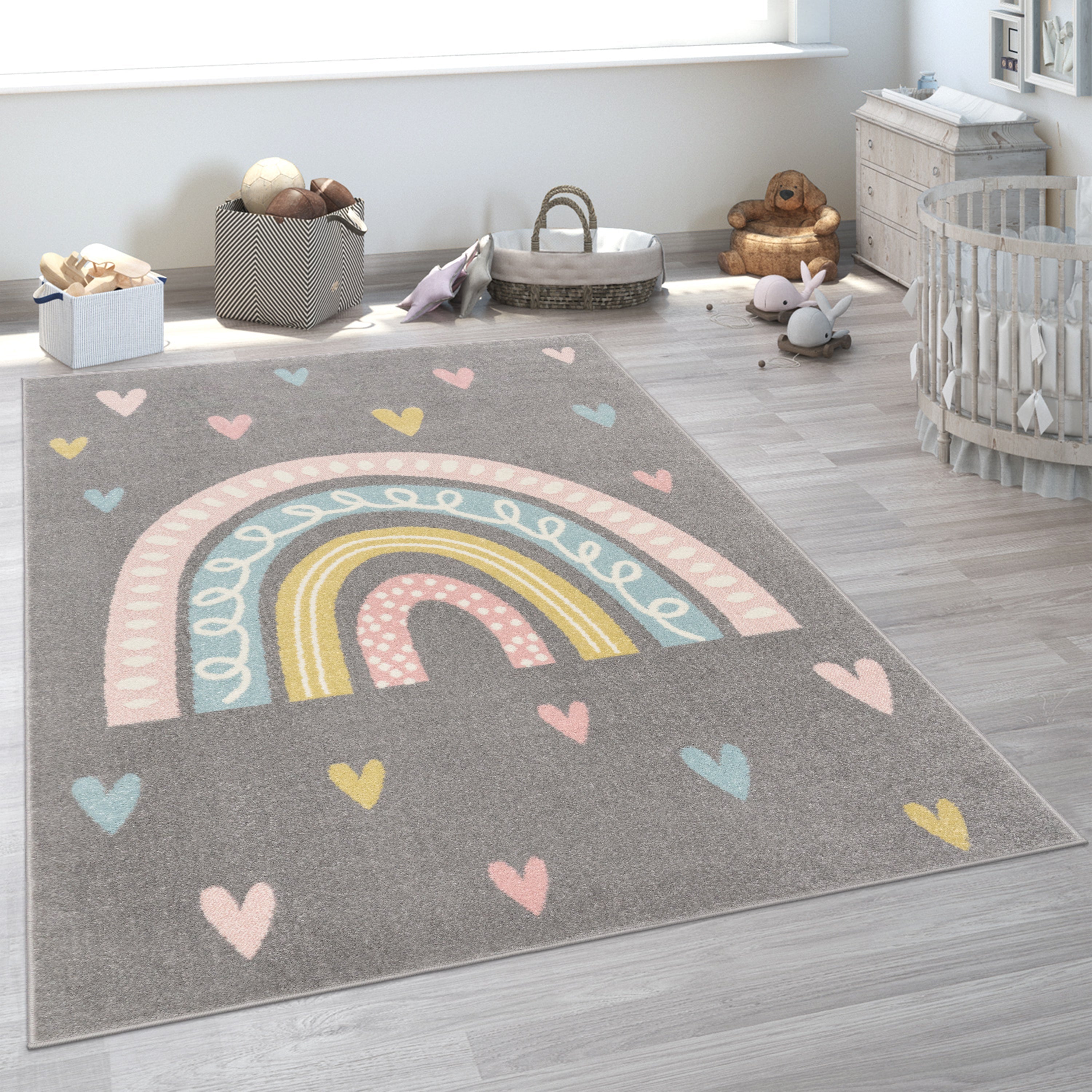 Kids Rug Nino with Rainbow and Hearts for Nursery in Grey