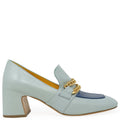Turq/Blue Leather Mid Heel Loafer W/Chain