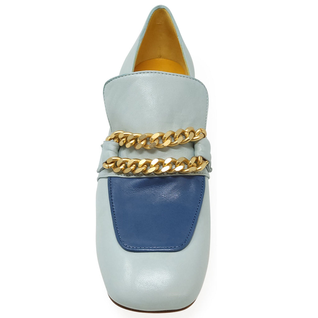 Turq/Blue Leather Mid Heel Loafer W/Chain