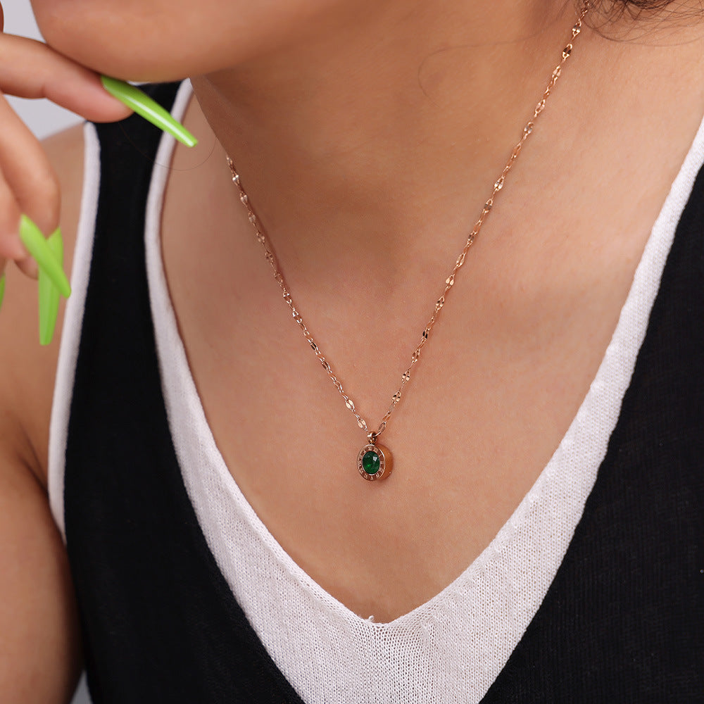 Rose Gold Roman Emerald round Glass Stone Embellished Necklace Women Retro Affordable Luxury Feeling Titanium Steel Clavicle Chain