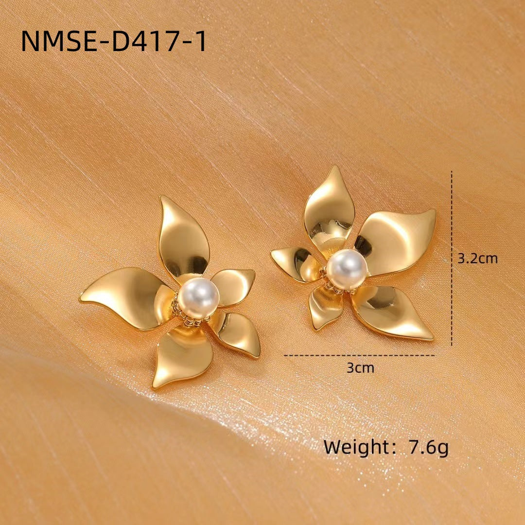 Light Luxury Titanium Steel Pearl Floral High Grade Earrings Simple Elegant Exaggerated Design Stainless Steel Studs
