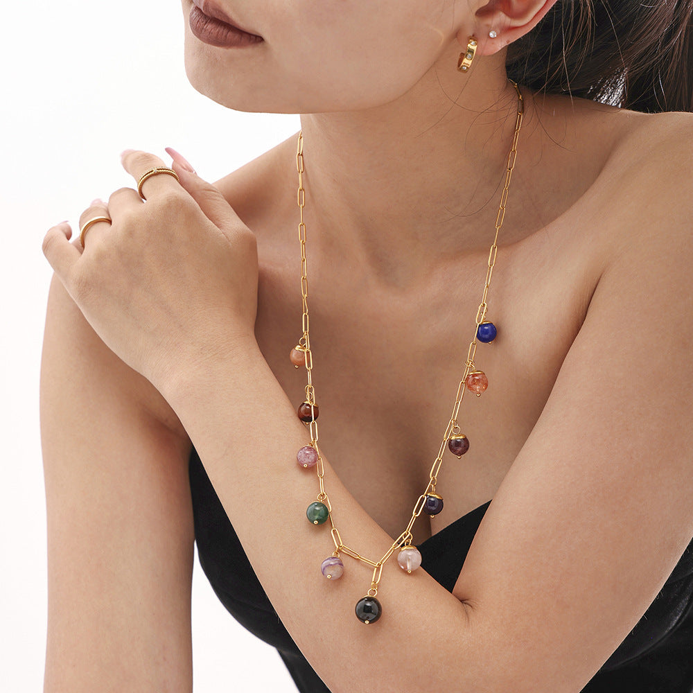 Mioli Handmade Chain Colorful Natural Stone Bohemian Necklace Women Stainless Steel All Match Internet Celebrity Embellished Jewelry