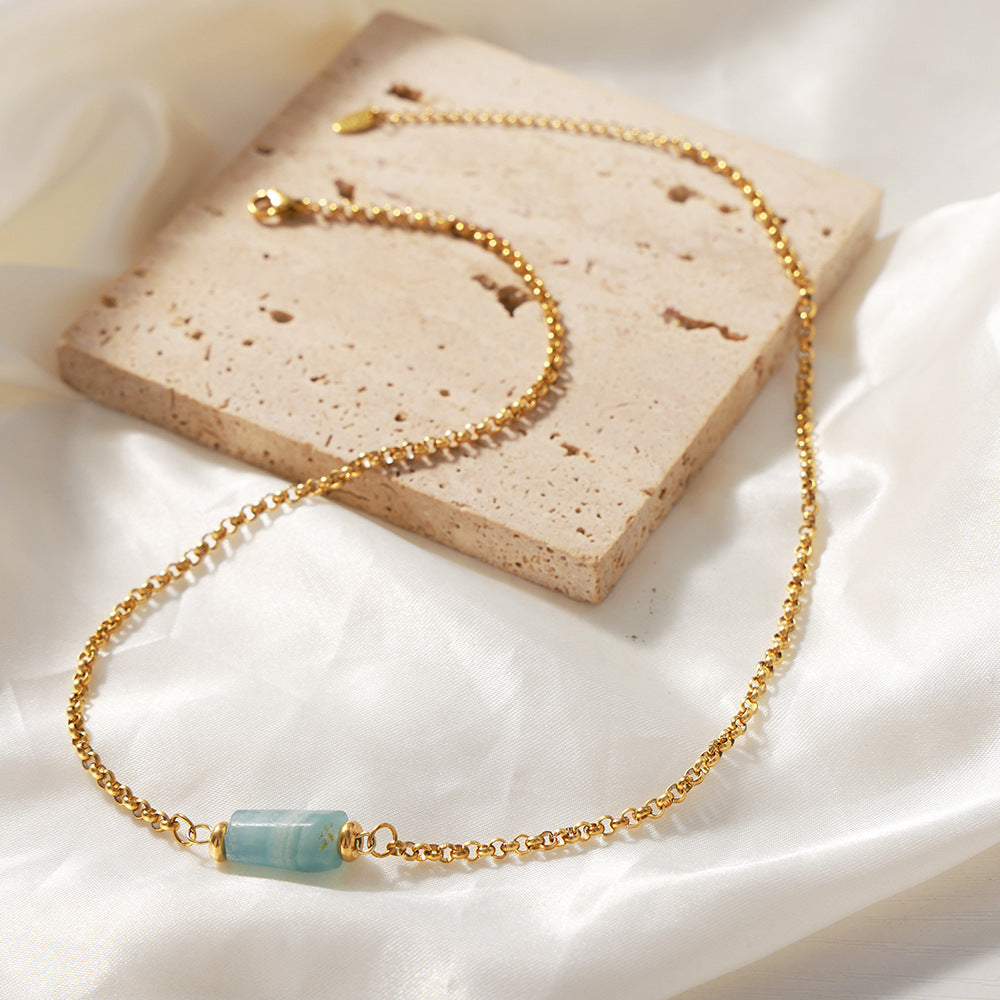 Retro Personalized Minority Titanium Steel Gold Plated Geometric Abstract Irregular Asymmetric Natural Stone Embellished Necklace Ornament Women