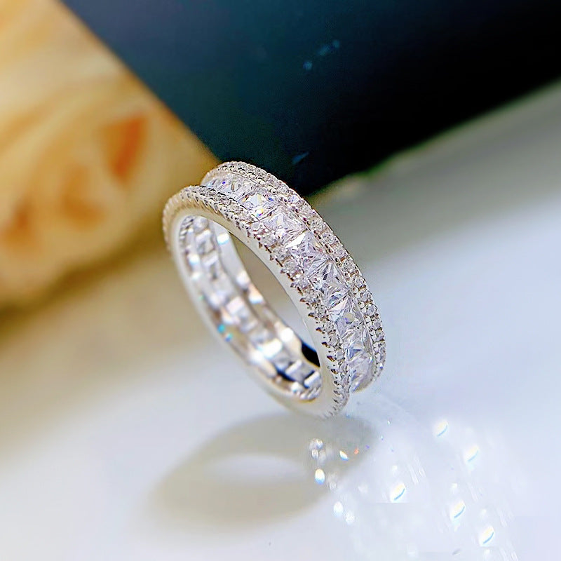 S925 Silver Seamless Inlaid Princess Square Exquisite Full Diamond Micro Setting Ring