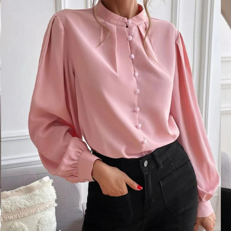 Women Shirt Autumn Elegant Solid Color Collared Long Sleeve Single Row Button Loose Women Top