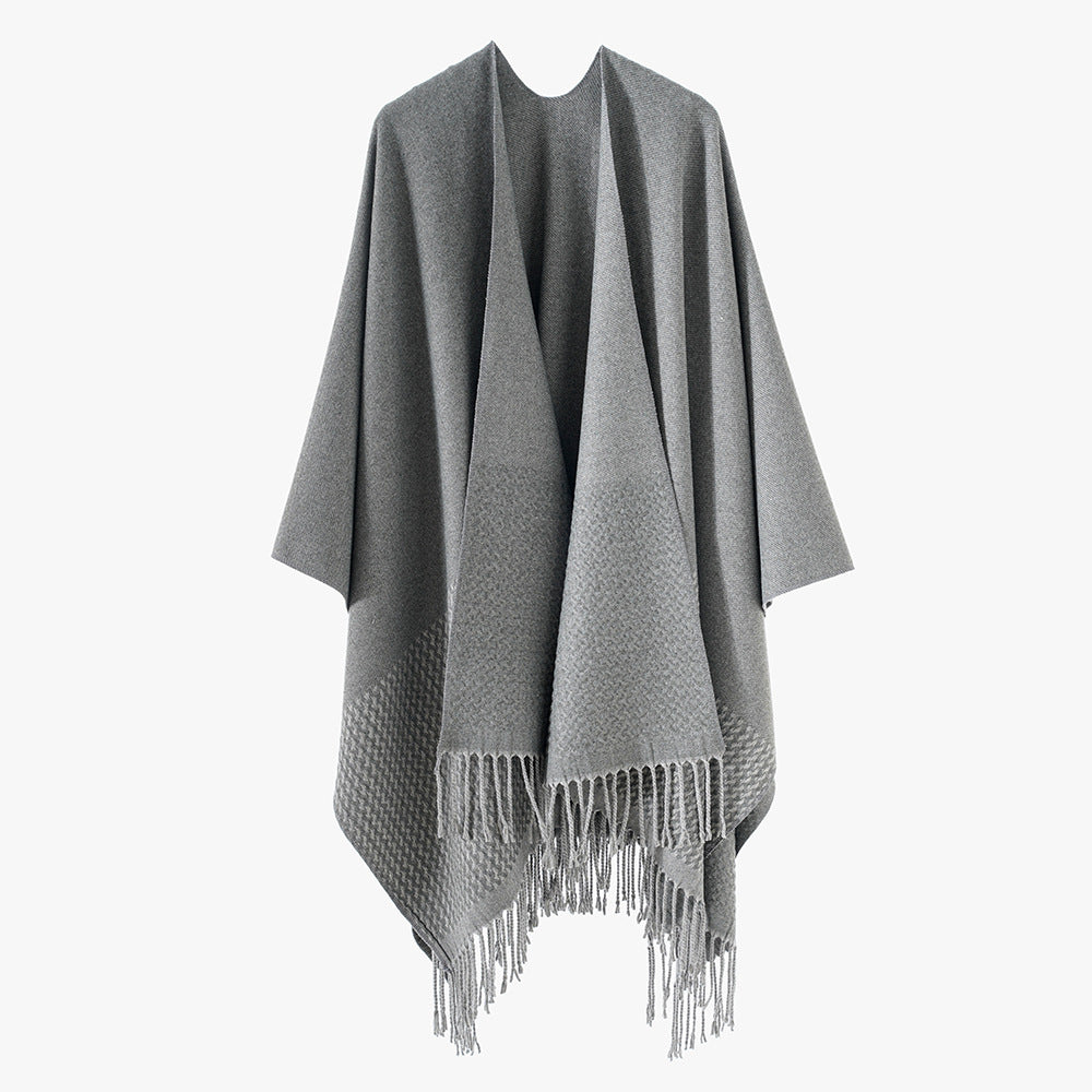 Solid Color Cashmere like Tassel Large Split Shawl Warm Monochrome Cape Plain Shawl