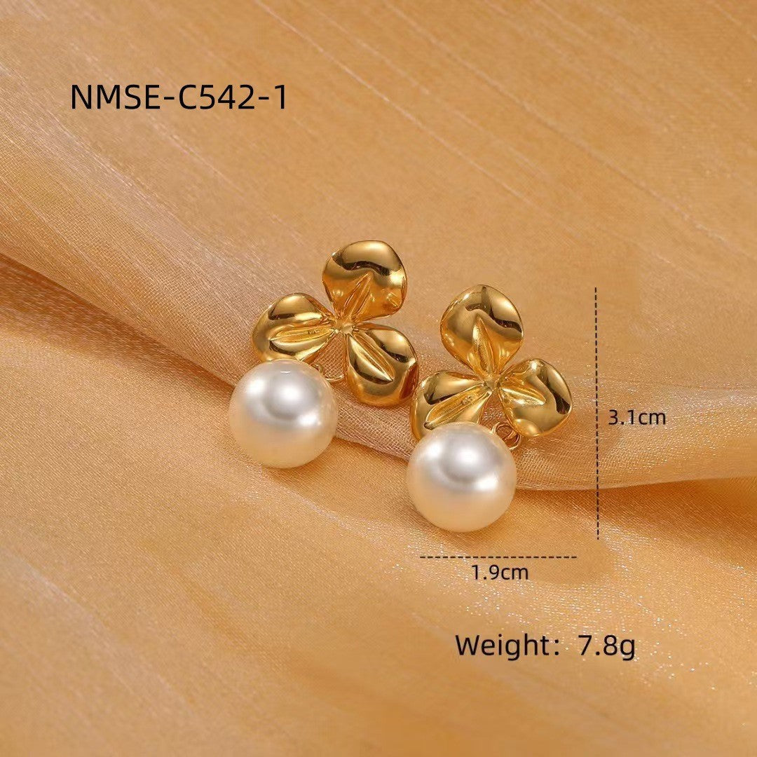 Gold Titanium Steel Petal Pearl Non Fading Stainless Steel Earrings Earrings
