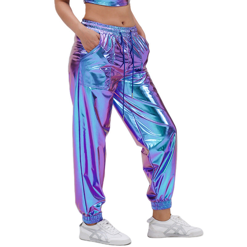 Women Pants Street Trend Bronzing Ankle Banded Pants Sports Bright Leather Loose Performance Clothes