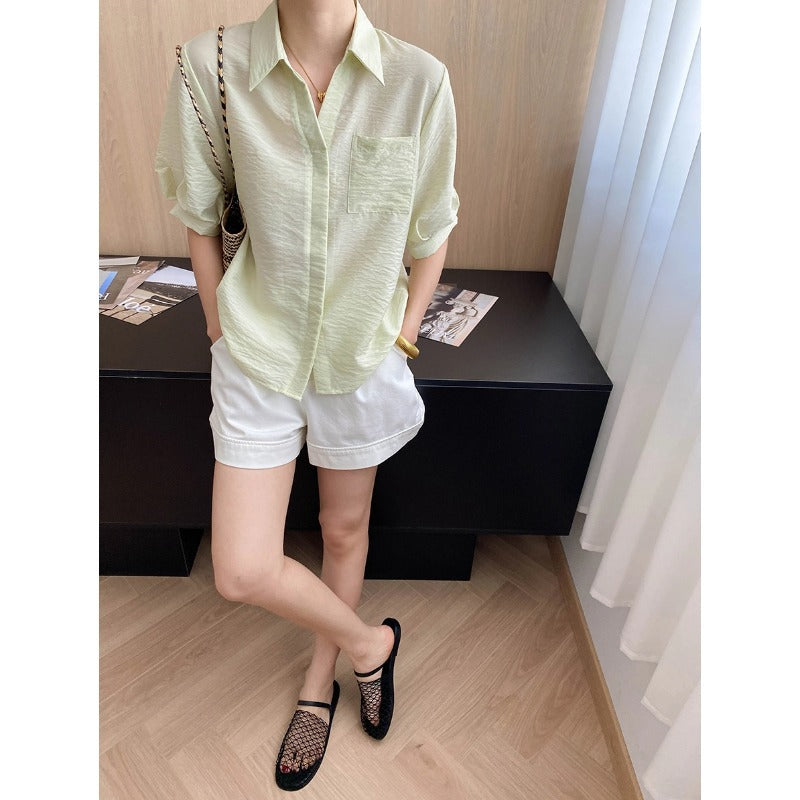 Breathable Tencel Blended Single Pocket Lapels Loose Short Sleeve Shirt