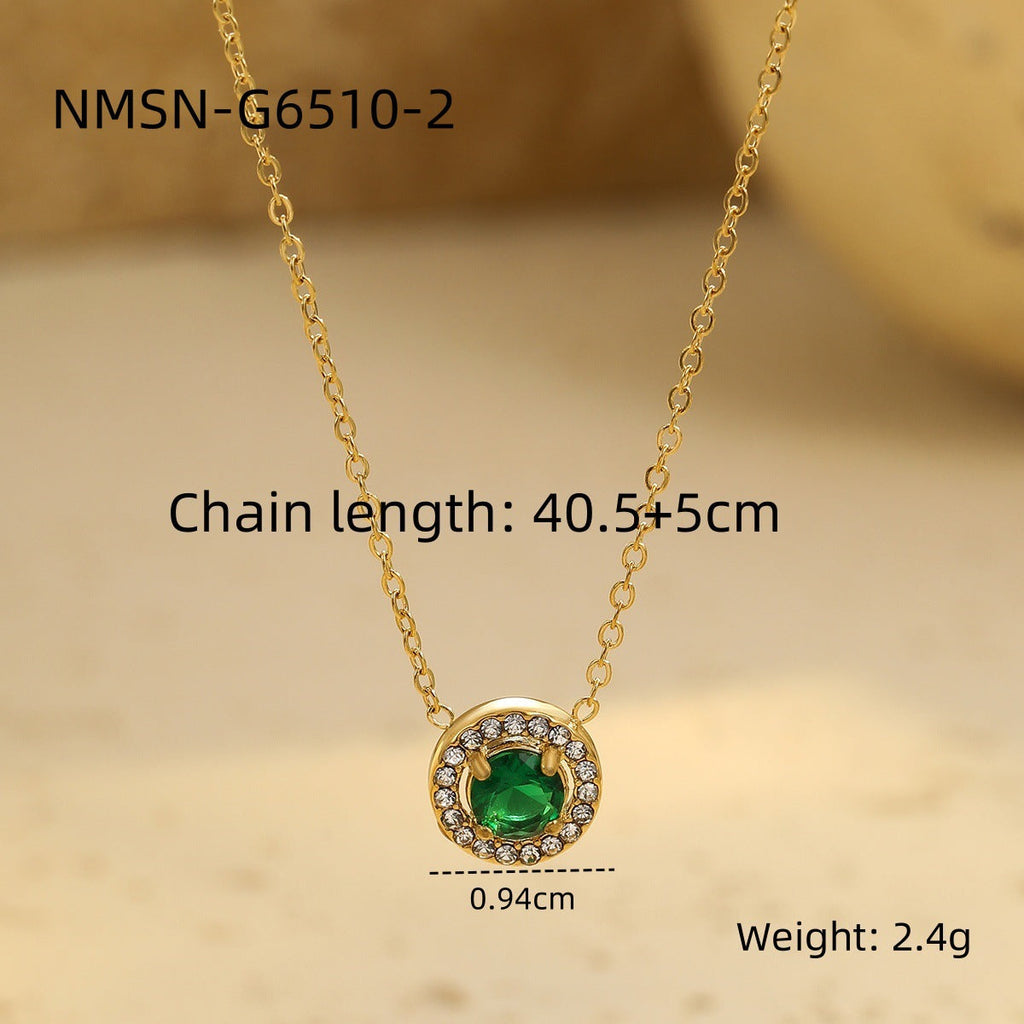 Retro Easy Matching Geometric Abstract Green Zircon Series 18K Gold Stainless Steel Necklace Women High Grade Clavicle Chain