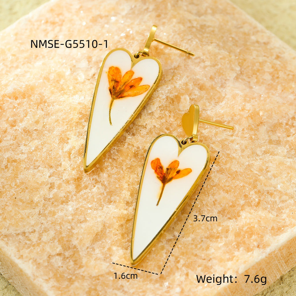 Heart Water Drops Geometric Abstract Dried Floral Drop Oil Eardrops Stud Earrings Earrings Titanium Steel Ornament